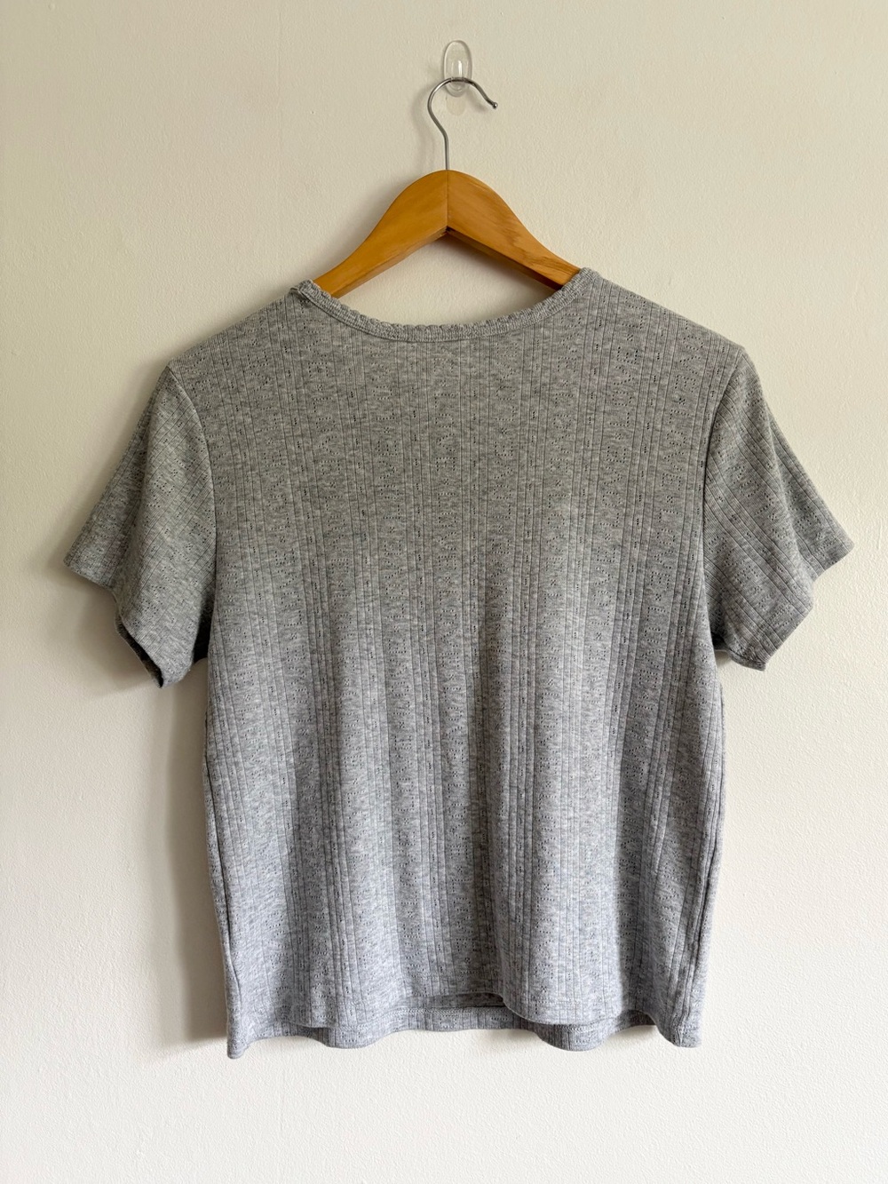 Aerie Grey Pointelle-Knit Short Sleeve Crewneck T-Shirt - Picture 3 of 4